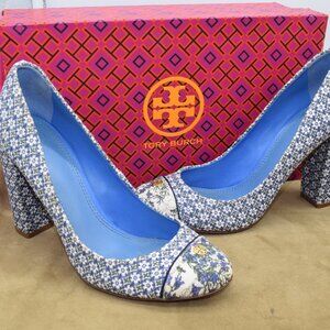 EUC Rare Tory Burch Ethel Pumps Linen Leather Heels Floral Gold Cap Toe New 6.5M